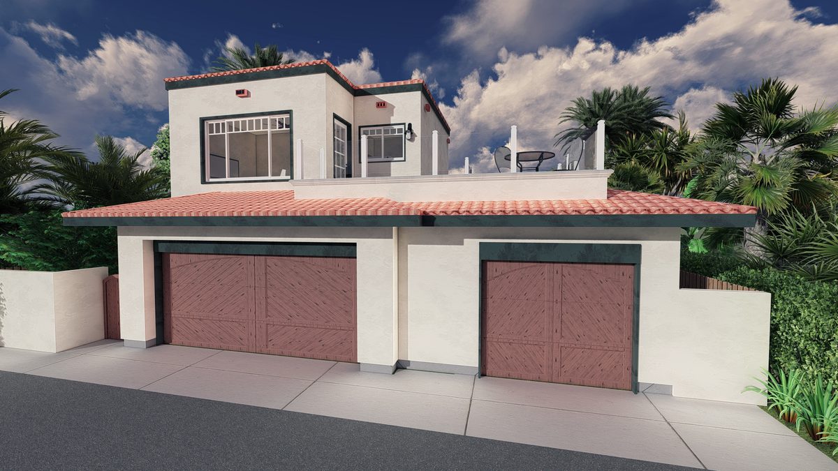 A 3D design rendering of a garage conversion with living space above