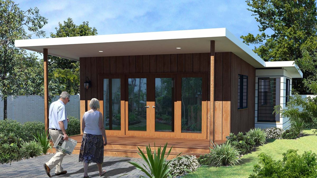 A 3D design rendering of a single-story granny flat with a step-free entry